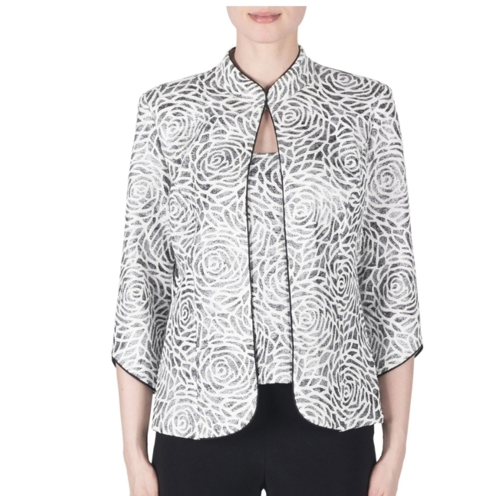Joseph Ribkoff Gray‎ White Rose Floral Print Jacket